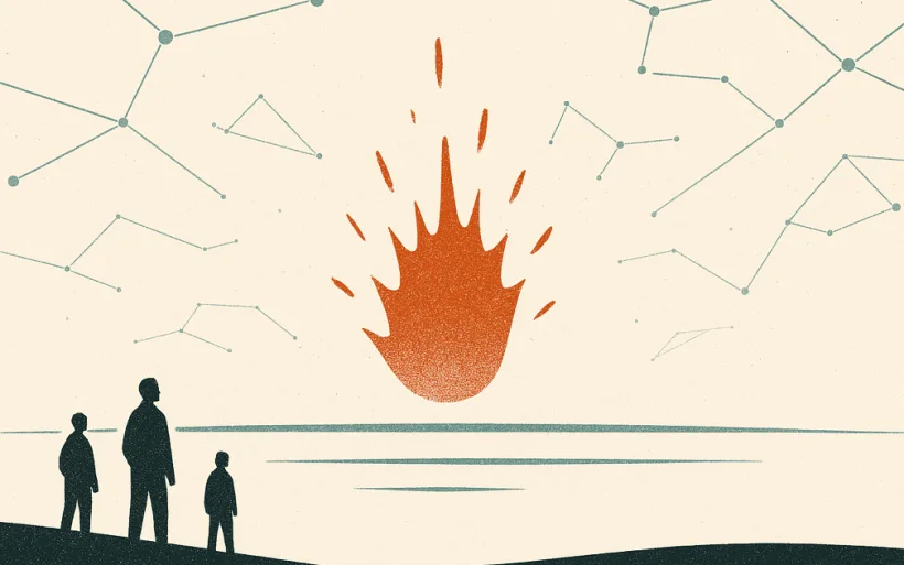 nosource.ai — figures beneath a signal fire under a sky of constellations
