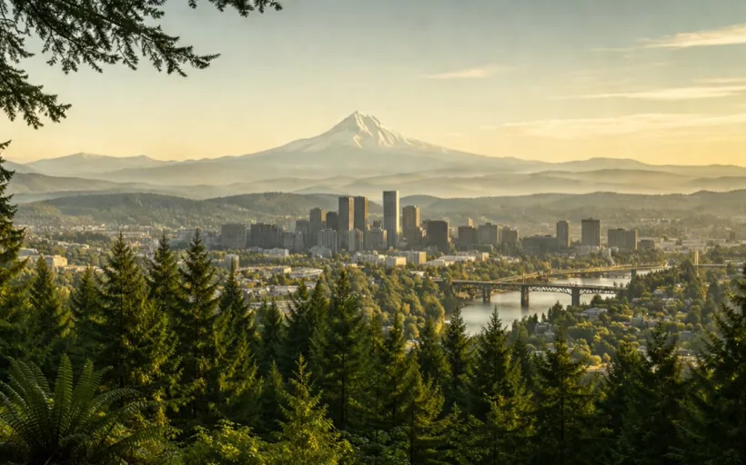 The Webspinner Foundation — Mount Hood over the Portland skyline, framed by old-growth forest