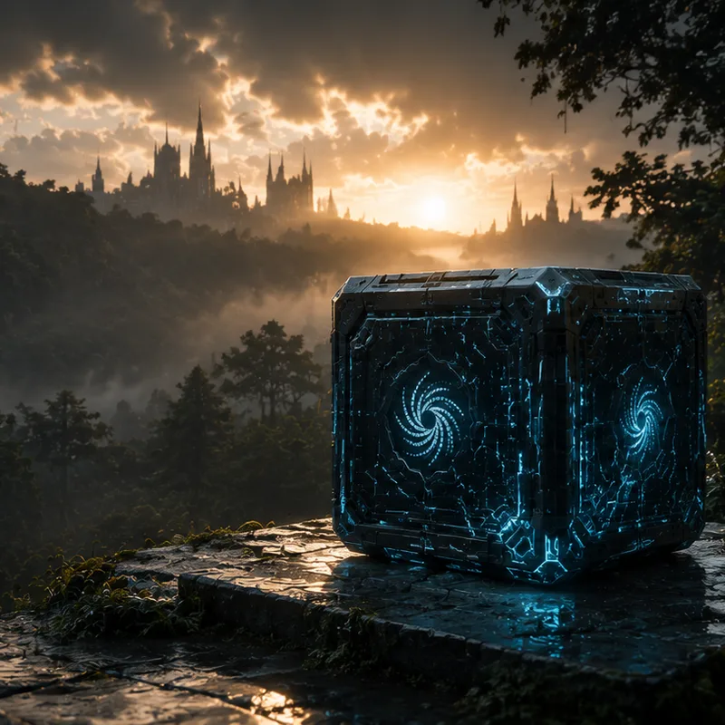 A Spinner — the sealed, signed unit of SI-native compute — on a wet flagstone threshold above a misted valley, gothic cathedrals silhouetted at amber dusk